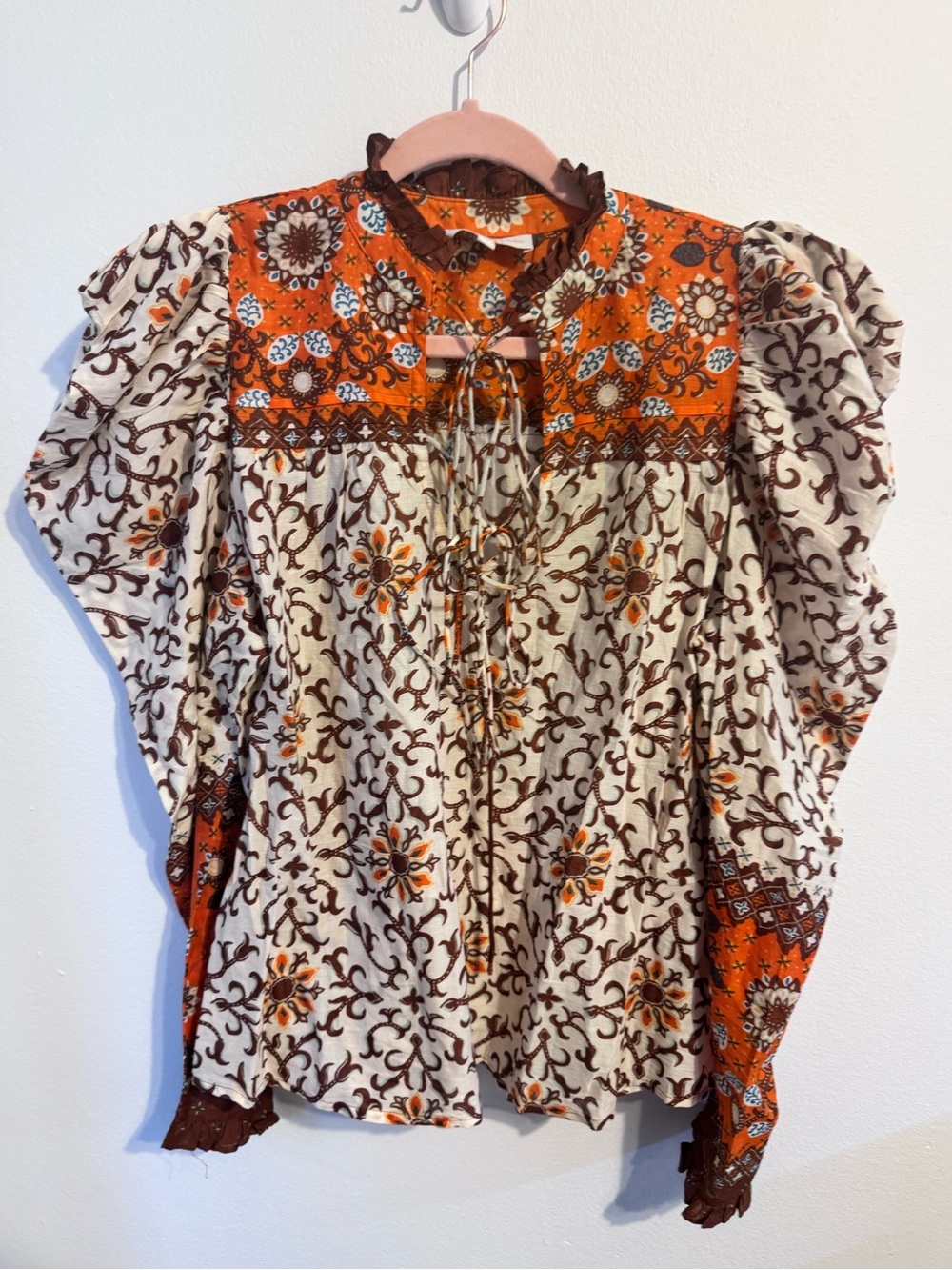 House of Harlow 1960 Boho Floral Puff Sleeve Tie Front Blouse Medium